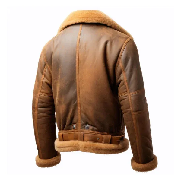 Men's Brown B3 Faux Shearling Zipper Pockets Leather Jacket