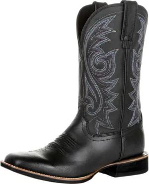 Mens Brown Cowboy Boots Mid-Cylinder Embroidered Leather Chunky Heel Mid Calf Pointed Toe Cowboy Boots