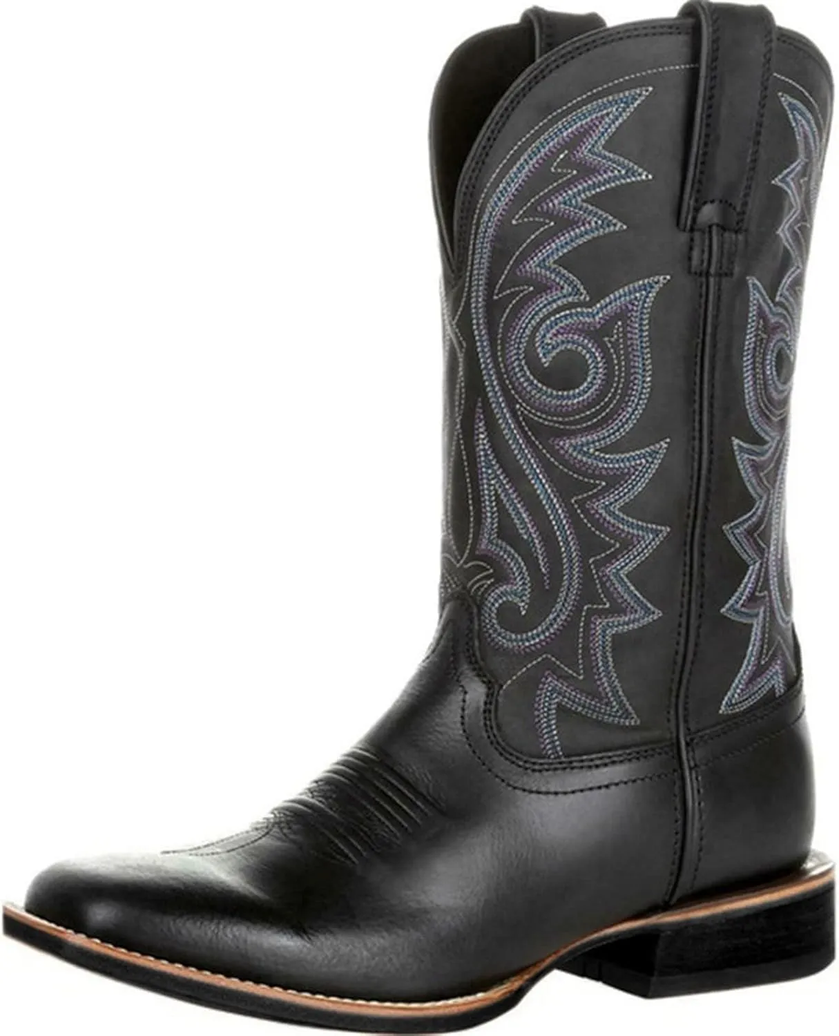 Mens Brown Cowboy Boots Mid-Cylinder Embroidered Leather Chunky Heel Mid Calf Pointed Toe Cowboy Boots