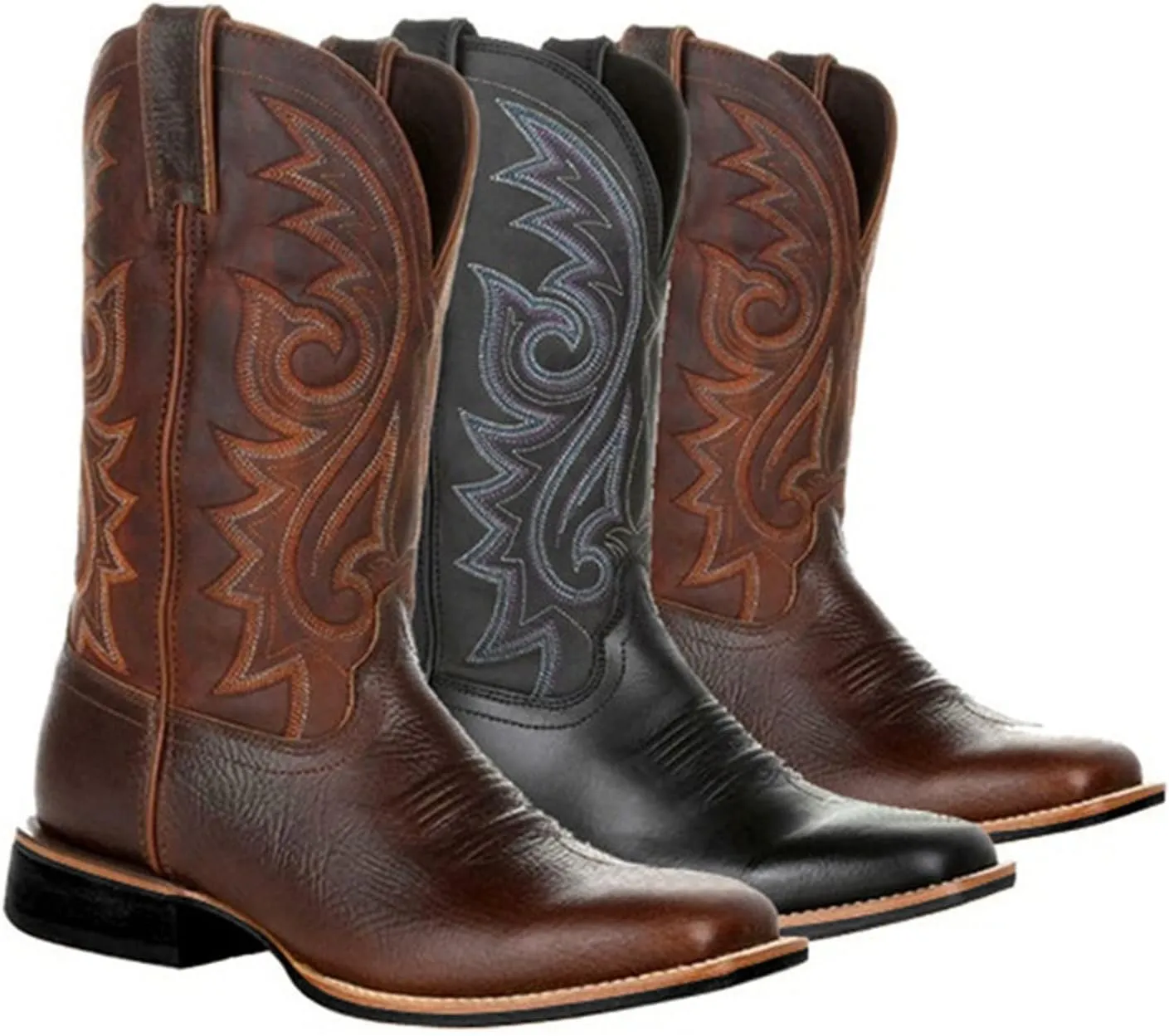 Mens Brown Cowboy Boots Mid-Cylinder Embroidered Leather Chunky Heel Mid Calf Pointed Toe Cowboy Boots