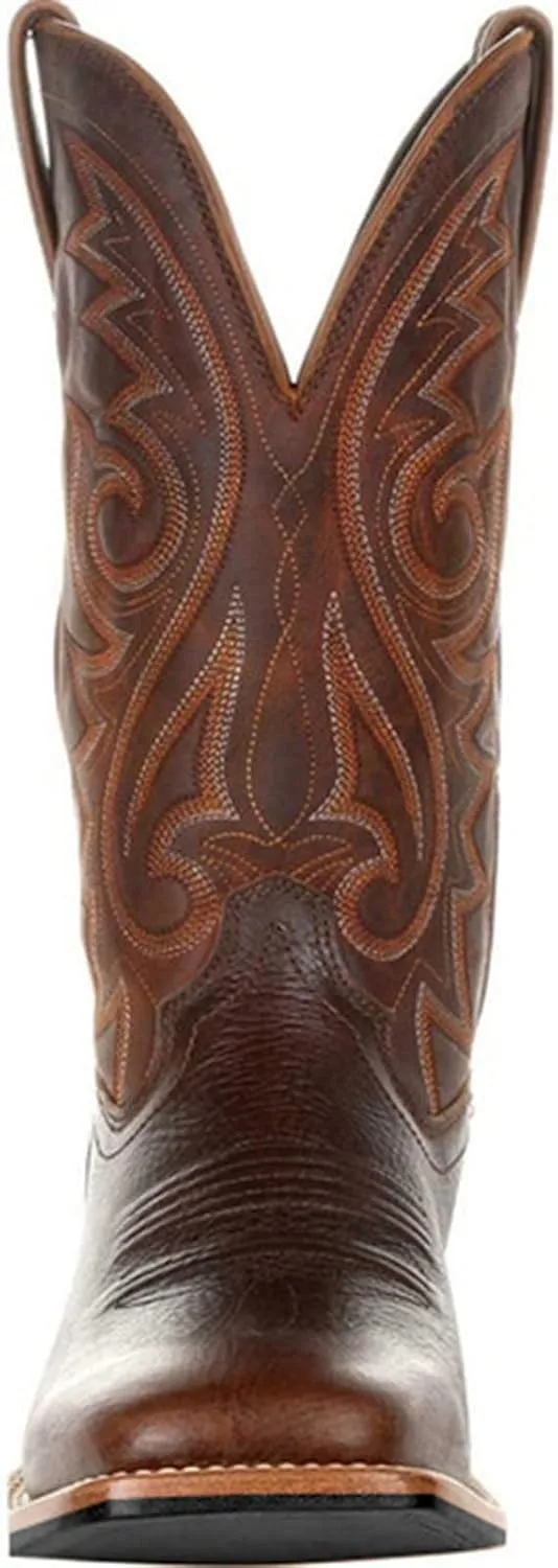 Mens Brown Cowboy Boots Mid-Cylinder Embroidered Leather Chunky Heel Mid Calf Pointed Toe Cowboy Boots