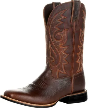 Mens Brown Cowboy Boots Mid-Cylinder Embroidered Leather Chunky Heel Mid Calf Pointed Toe Cowboy Boots