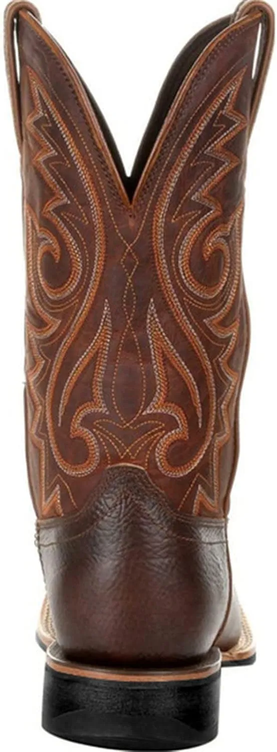 Mens Brown Cowboy Boots Mid-Cylinder Embroidered Leather Chunky Heel Mid Calf Pointed Toe Cowboy Boots