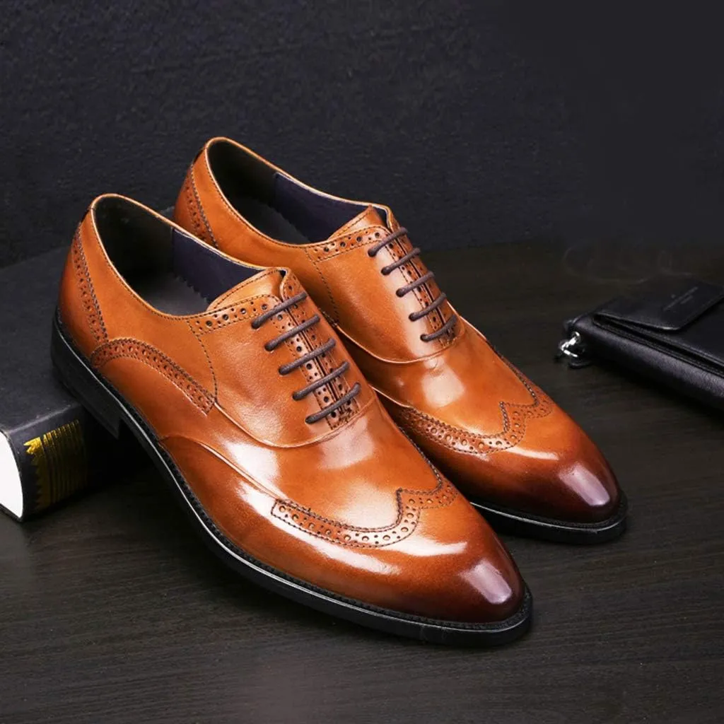 Men's Business Leather Shoes， Lace Up Dress Shoes Casual Wedding Formal Leather Shoes Handmade Cowhide,Brown- 41/UK 7.5/US 8