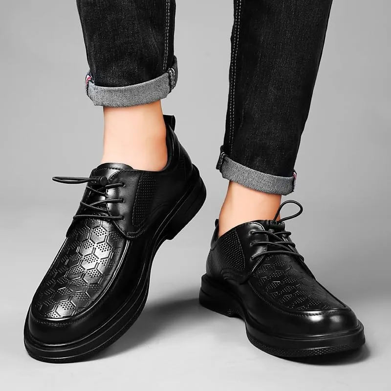 Men's Casual Low Top Non Slip Walking Shoes Black Leather Lace-Up Dress Shoes Fashionable All-Match Oxfords