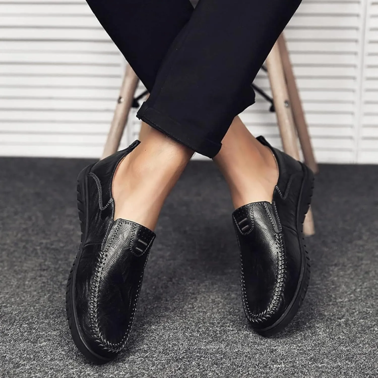Men's Casual Shoes, Slip on Driving Shoes, Leather Men's Loafers, Flat Bottomed Lightweight Boat Shoes