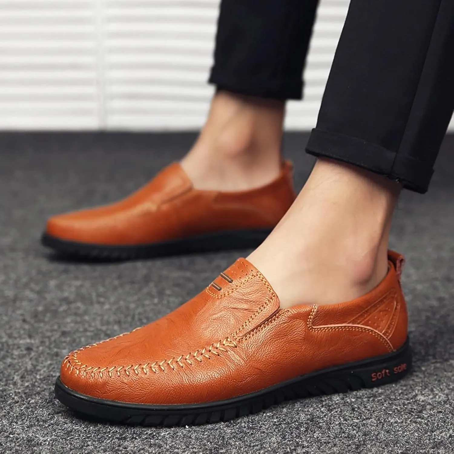 Men's Casual Shoes, Slip on Driving Shoes, Leather Men's Loafers, Flat Bottomed Lightweight Boat Shoes