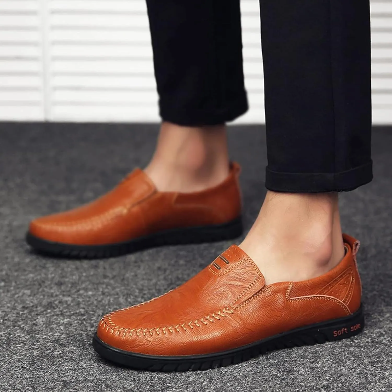 Men's Casual Shoes, Slip on Driving Shoes, Leather Men's Loafers, Flat Bottomed Lightweight Boat Shoes