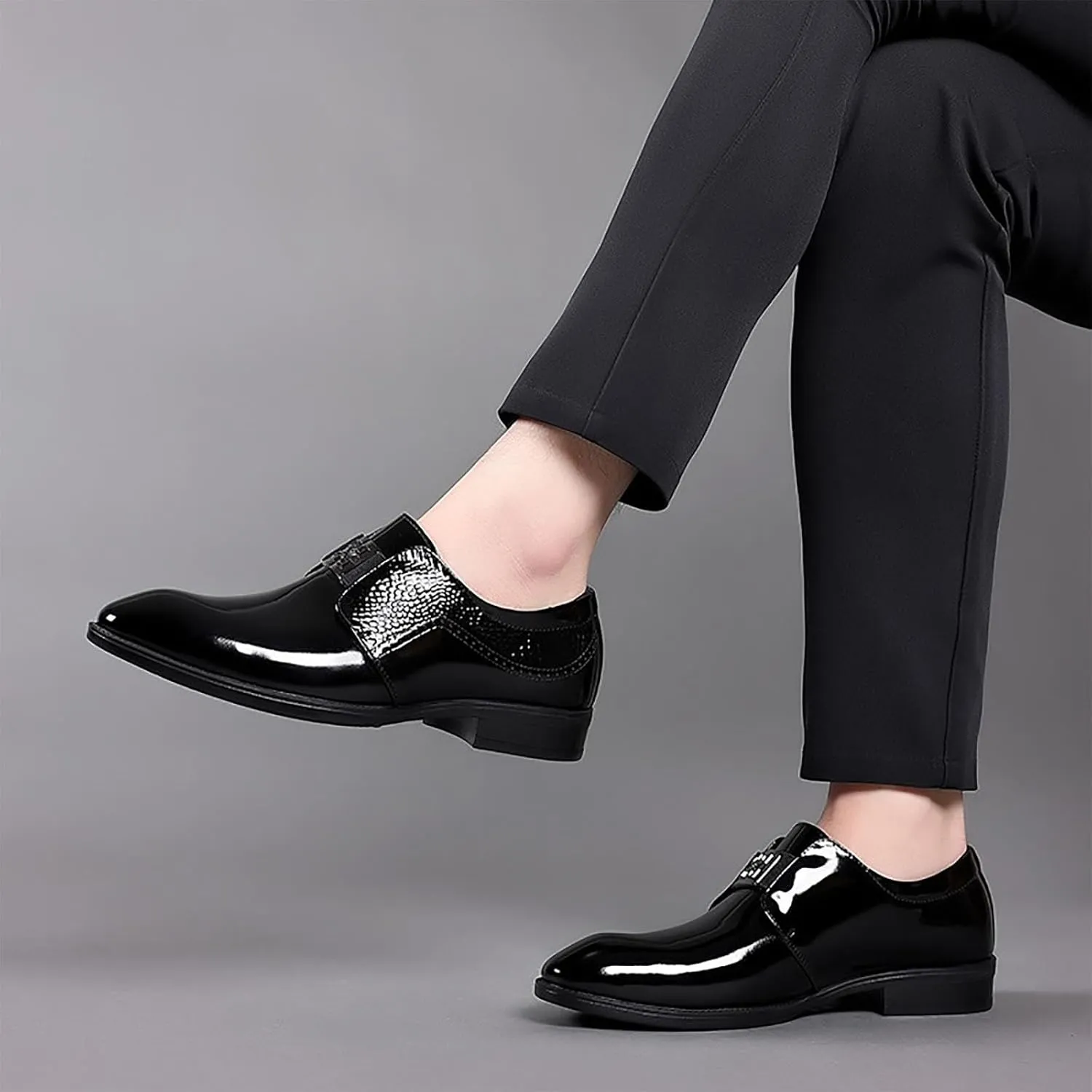 Men's Classic Business Formal Breathable Leather Shoes, Hand-Sewn Stylish Shiny Slip-on Low-top Thick Heel Modern Pointed Toe Formal Leather Shoes