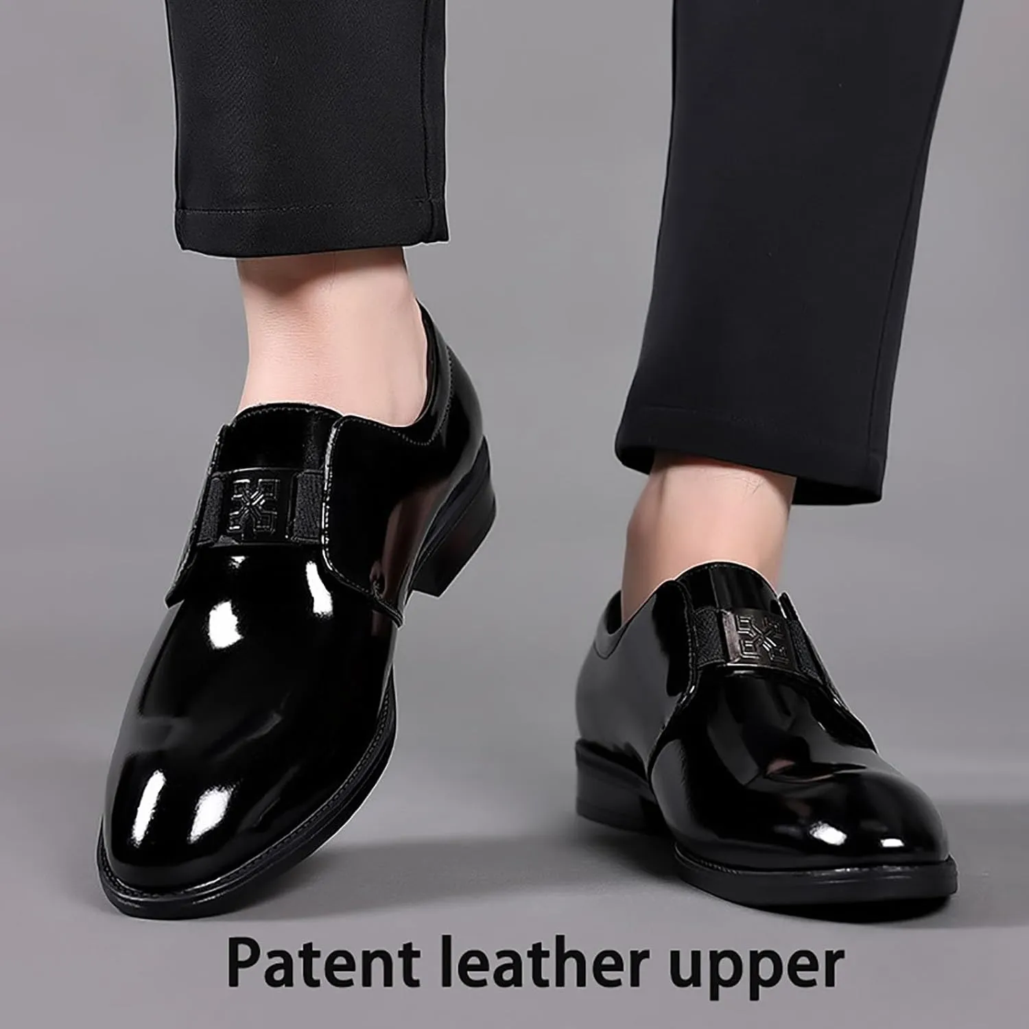 Men's Classic Business Formal Breathable Leather Shoes, Hand-Sewn Stylish Shiny Slip-on Low-top Thick Heel Modern Pointed Toe Formal Leather Shoes