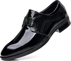 Men's Classic Business Formal Breathable Leather Shoes, Hand-Sewn Stylish Shiny Slip-on Low-top Thick Heel Modern Pointed Toe Formal Leather Shoes