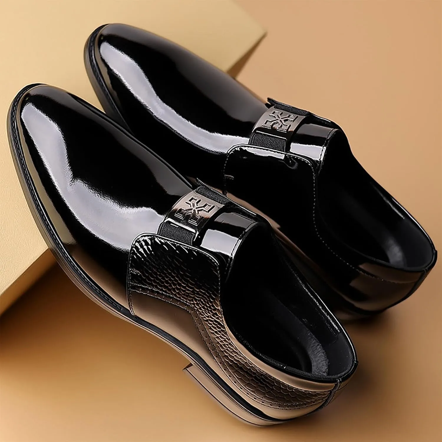 Men's Classic Business Formal Breathable Leather Shoes, Hand-Sewn Stylish Shiny Slip-on Low-top Thick Heel Modern Pointed Toe Formal Leather Shoes