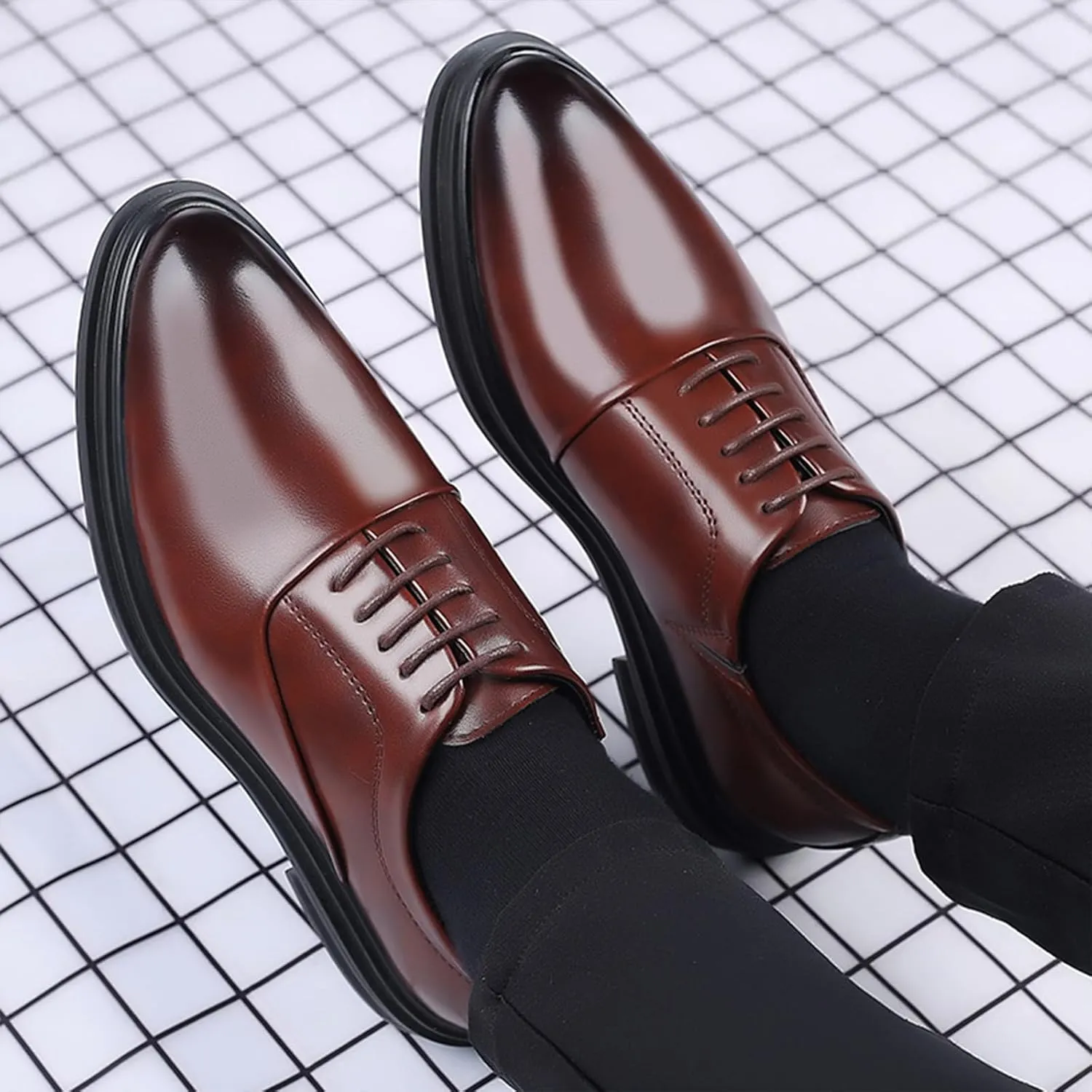 Men's Classic Lace Up Dress Oxford Shoes Fashion Pointed Toe Slip On Formal Leather Shoes Business Wedding Derby Shoes