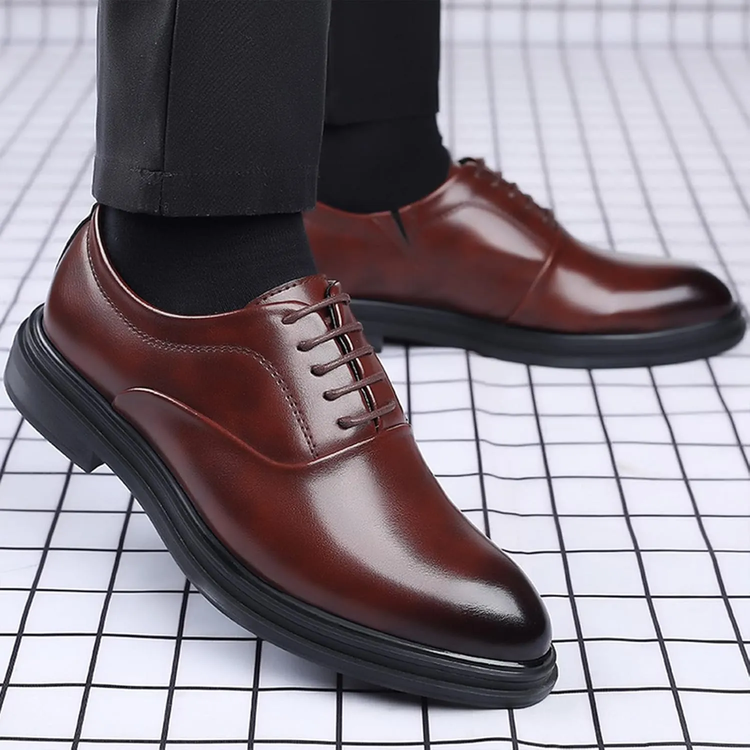 Men's Classic Lace Up Dress Oxford Shoes Fashion Pointed Toe Slip On Formal Leather Shoes Business Wedding Derby Shoes
