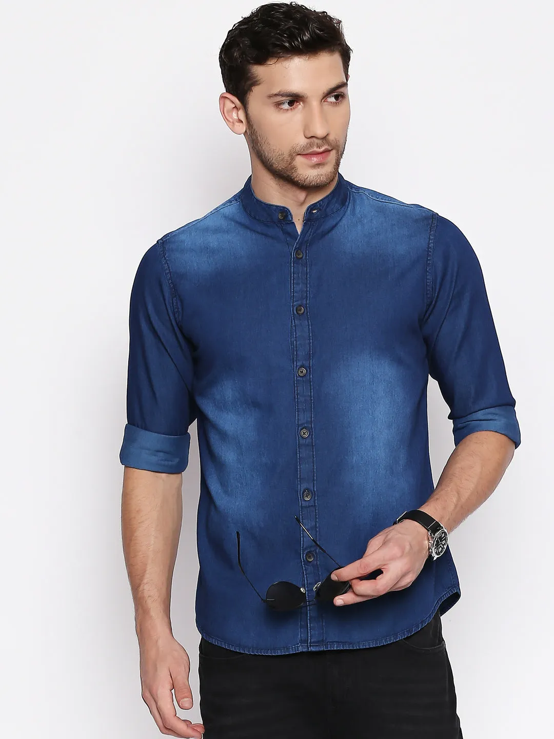 Men's Cotton Denim Casual Shirt With Mandarin Collar