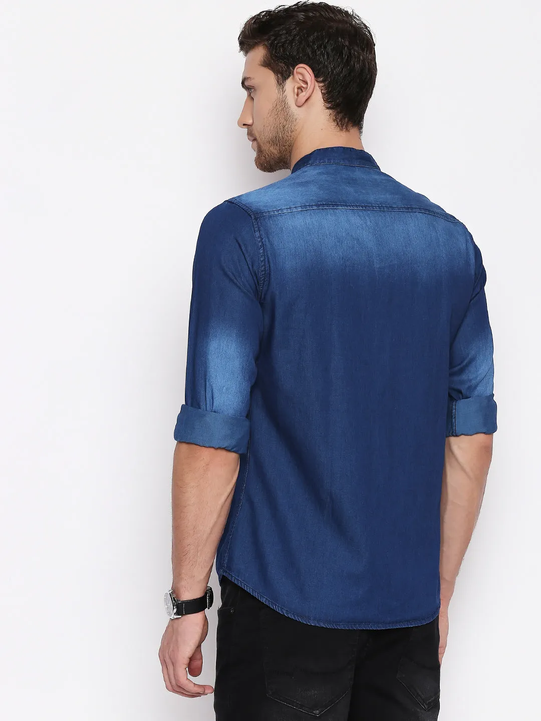 Men's Cotton Denim Casual Shirt With Mandarin Collar