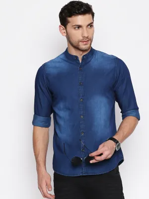 Men's Cotton Denim Casual Shirt With Mandarin Collar