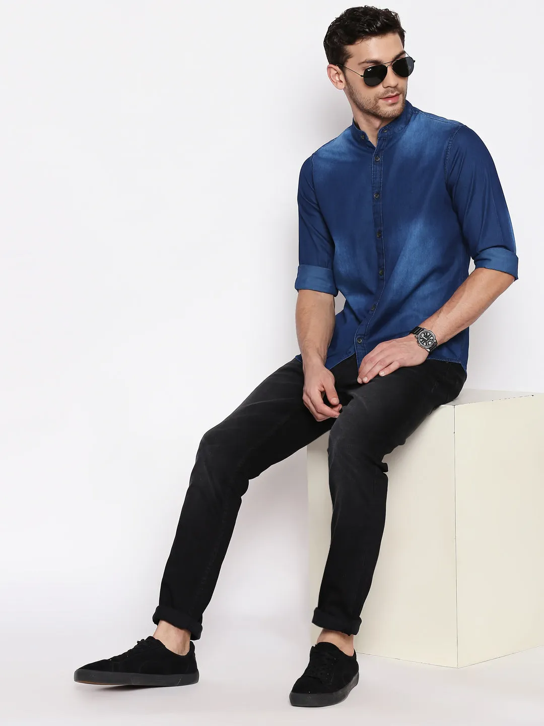 Men's Cotton Denim Casual Shirt With Mandarin Collar