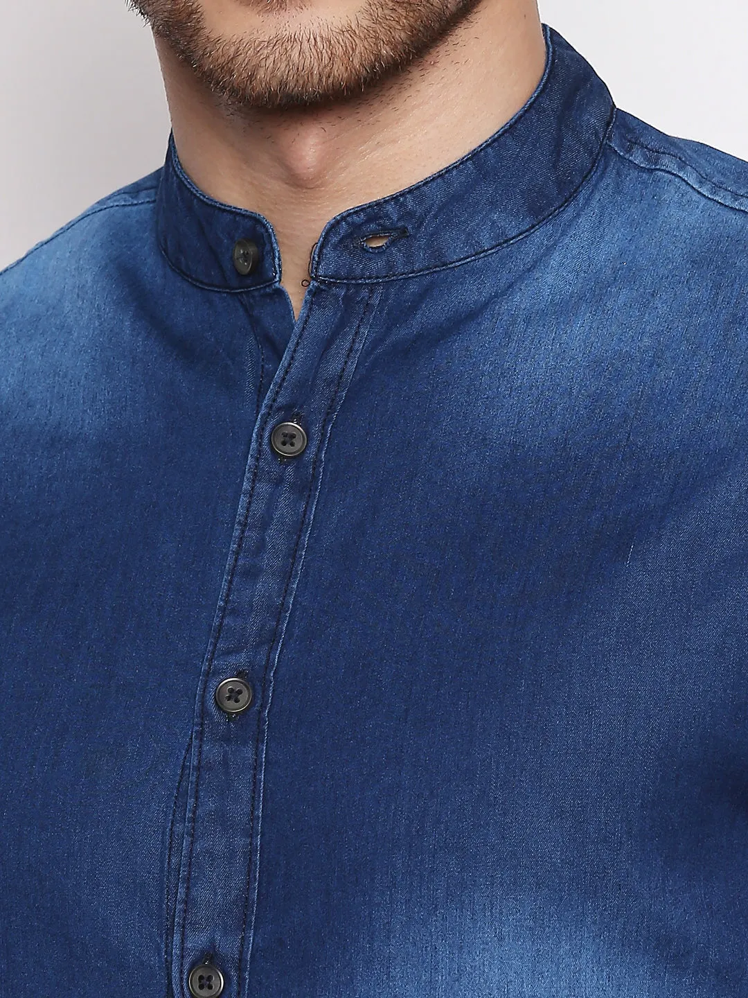 Men's Cotton Denim Casual Shirt With Mandarin Collar