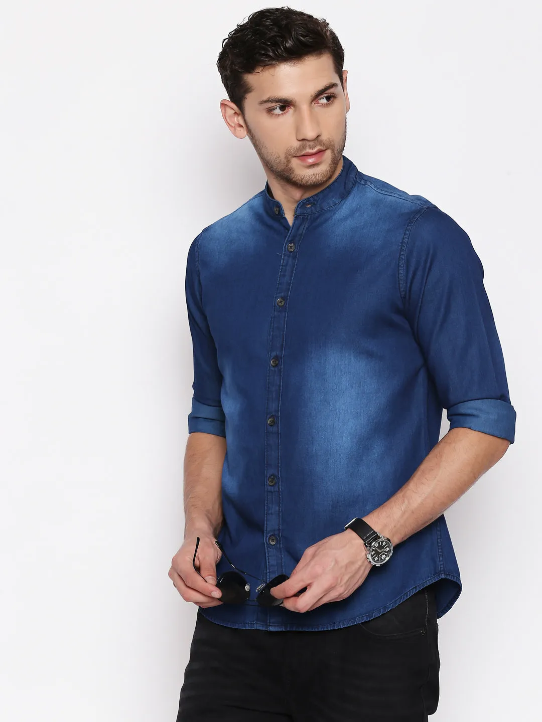 Men's Cotton Denim Casual Shirt With Mandarin Collar