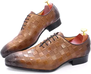 Mens Cowhide Wingtip Derbys Wedding Formal Lace-Up Oxfords Pointed Toe Brogues Casual Dress Shoes,Brown-38