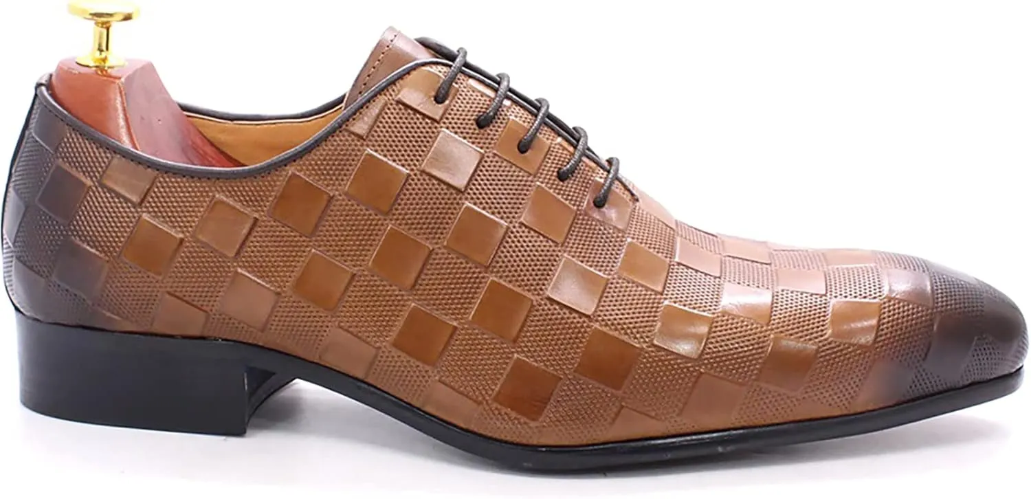 Mens Cowhide Wingtip Derbys Wedding Formal Lace-Up Oxfords Pointed Toe Brogues Casual Dress Shoes,Brown-38