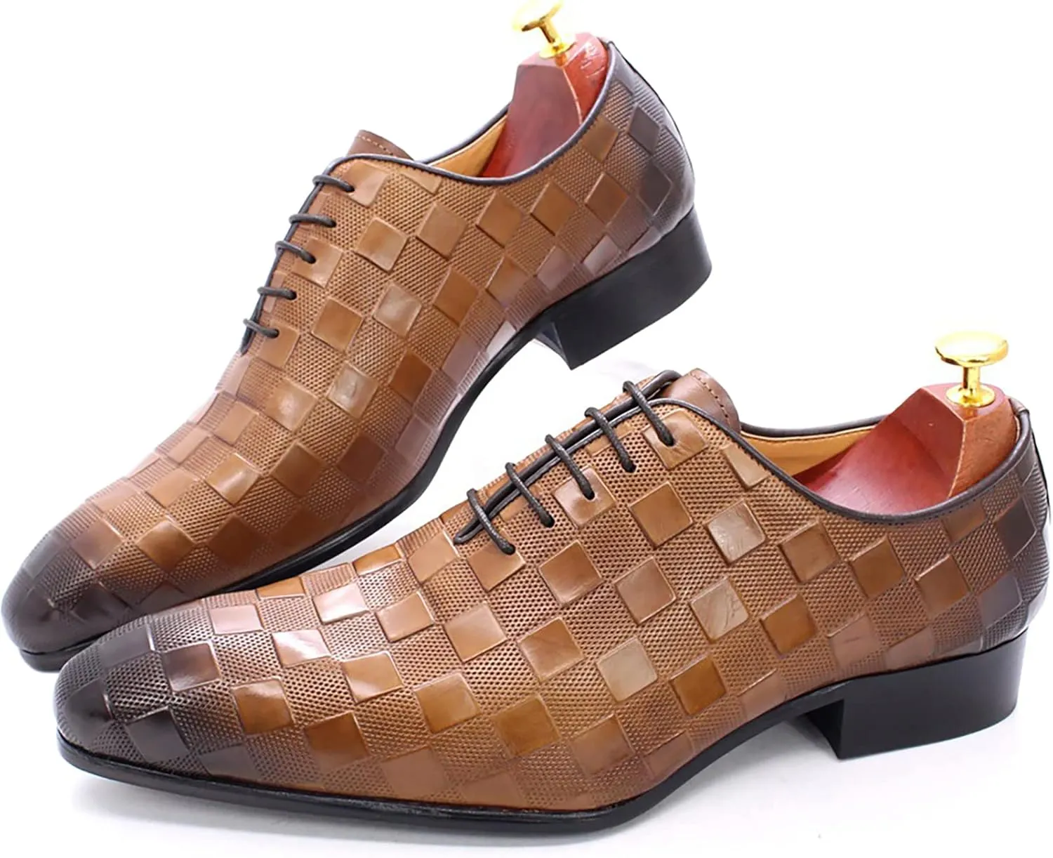 Mens Cowhide Wingtip Derbys Wedding Formal Lace-Up Oxfords Pointed Toe Brogues Casual Dress Shoes,Brown-38