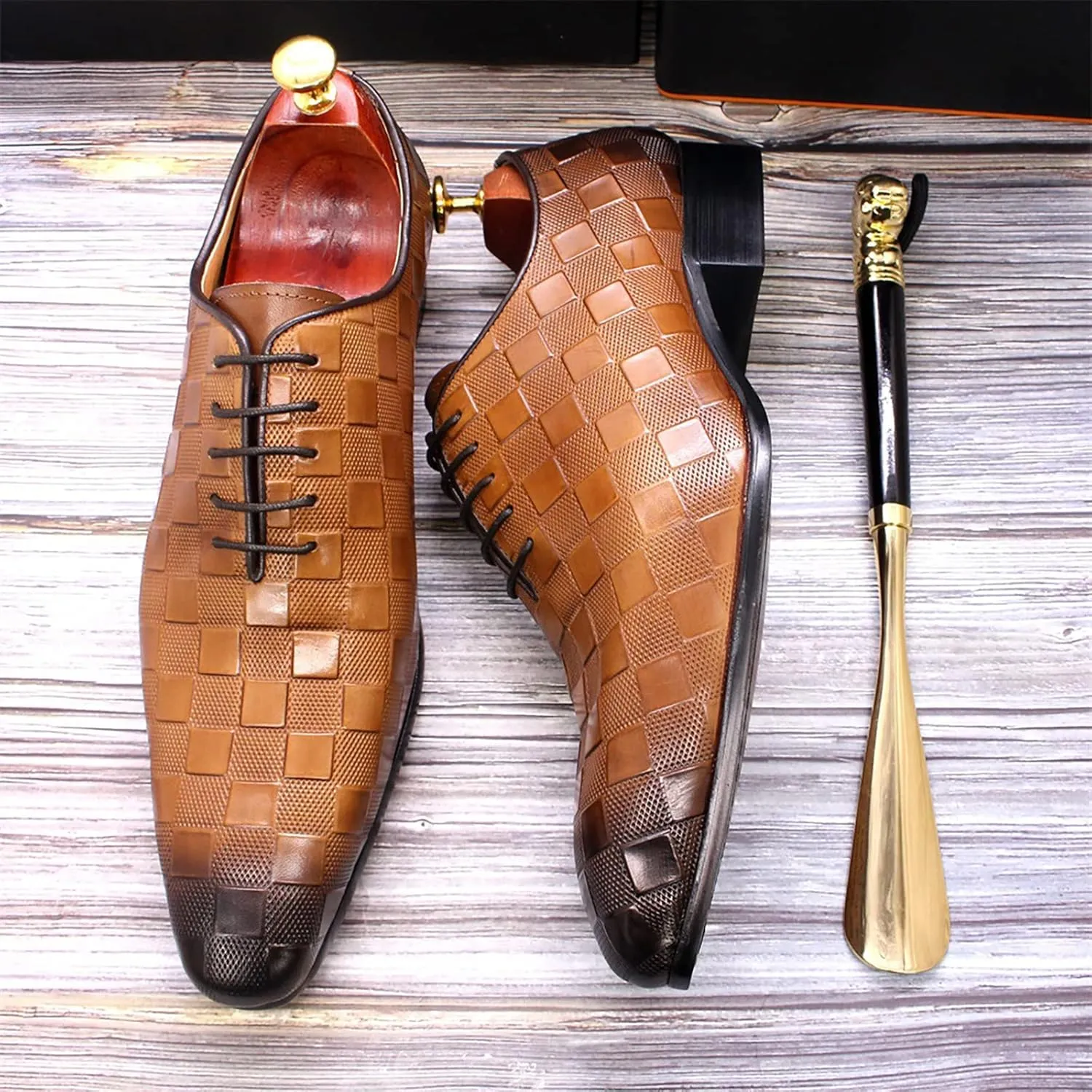 Mens Cowhide Wingtip Derbys Wedding Formal Lace-Up Oxfords Pointed Toe Brogues Casual Dress Shoes,Brown-38