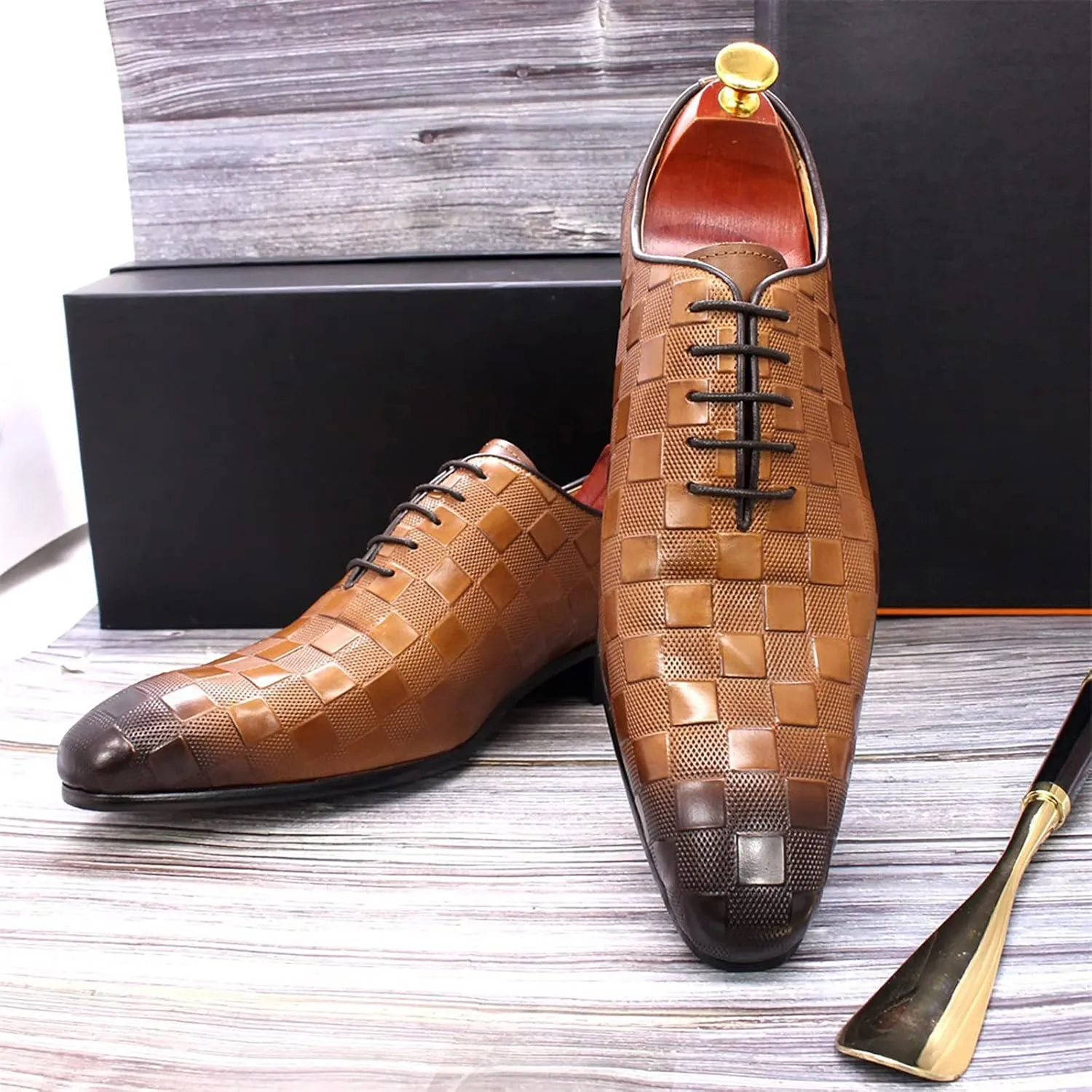 Mens Cowhide Wingtip Derbys Wedding Formal Lace-Up Oxfords Pointed Toe Brogues Casual Dress Shoes,Brown-38
