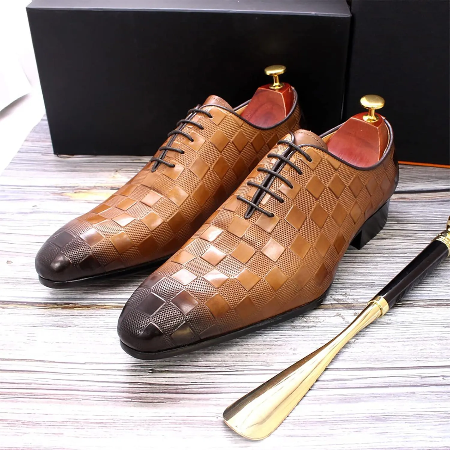 Mens Cowhide Wingtip Derbys Wedding Formal Lace-Up Oxfords Pointed Toe Brogues Casual Dress Shoes,Brown-38