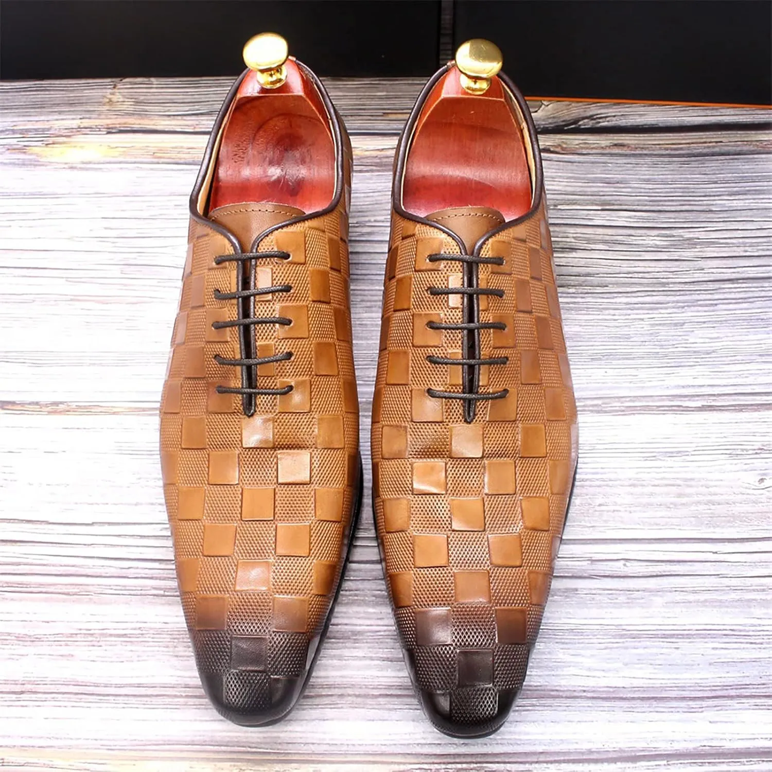 Mens Cowhide Wingtip Derbys Wedding Formal Lace-Up Oxfords Pointed Toe Brogues Casual Dress Shoes,Brown-38