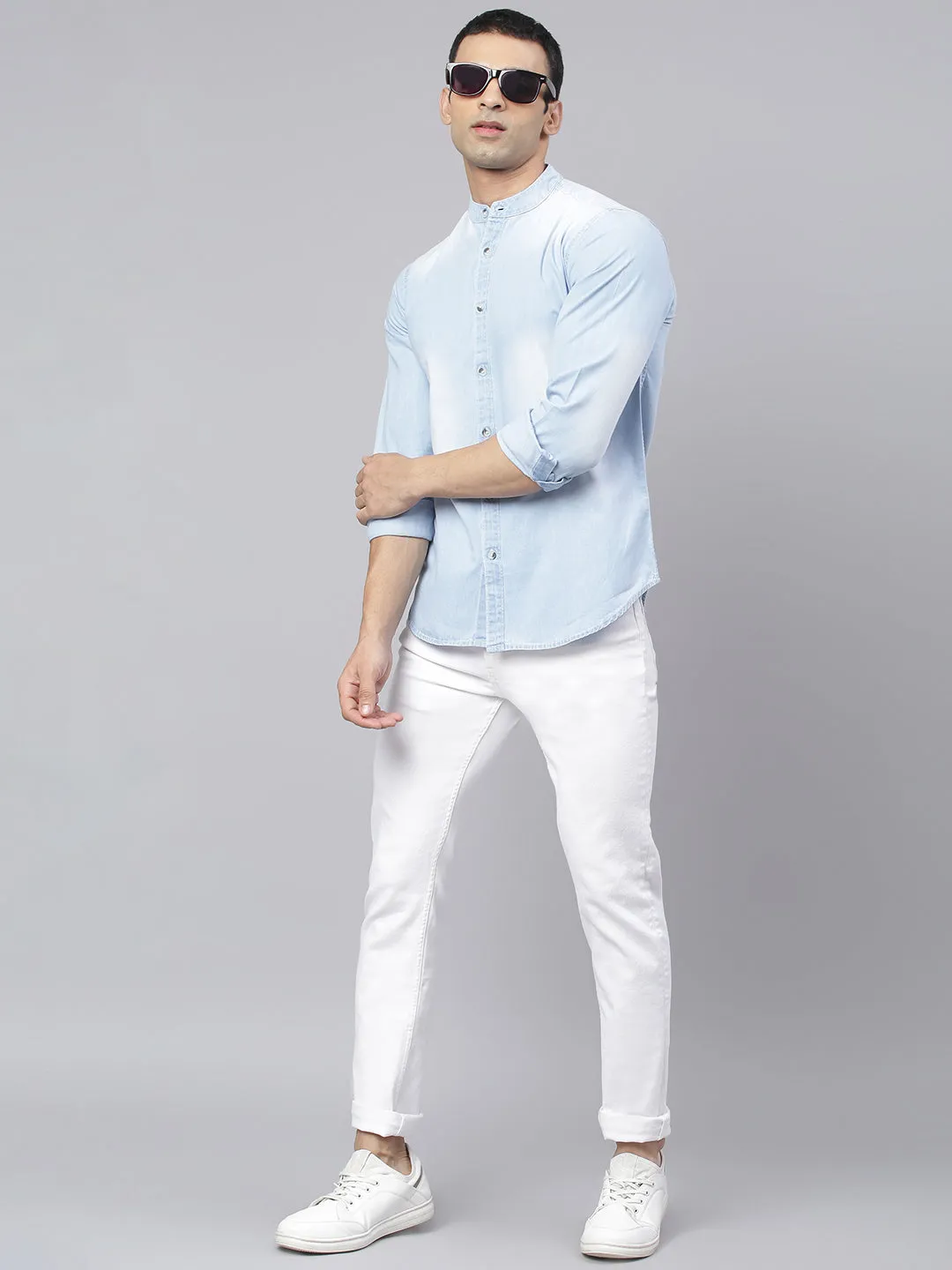 Men's Denim Light Blue Solid Casual Shirt