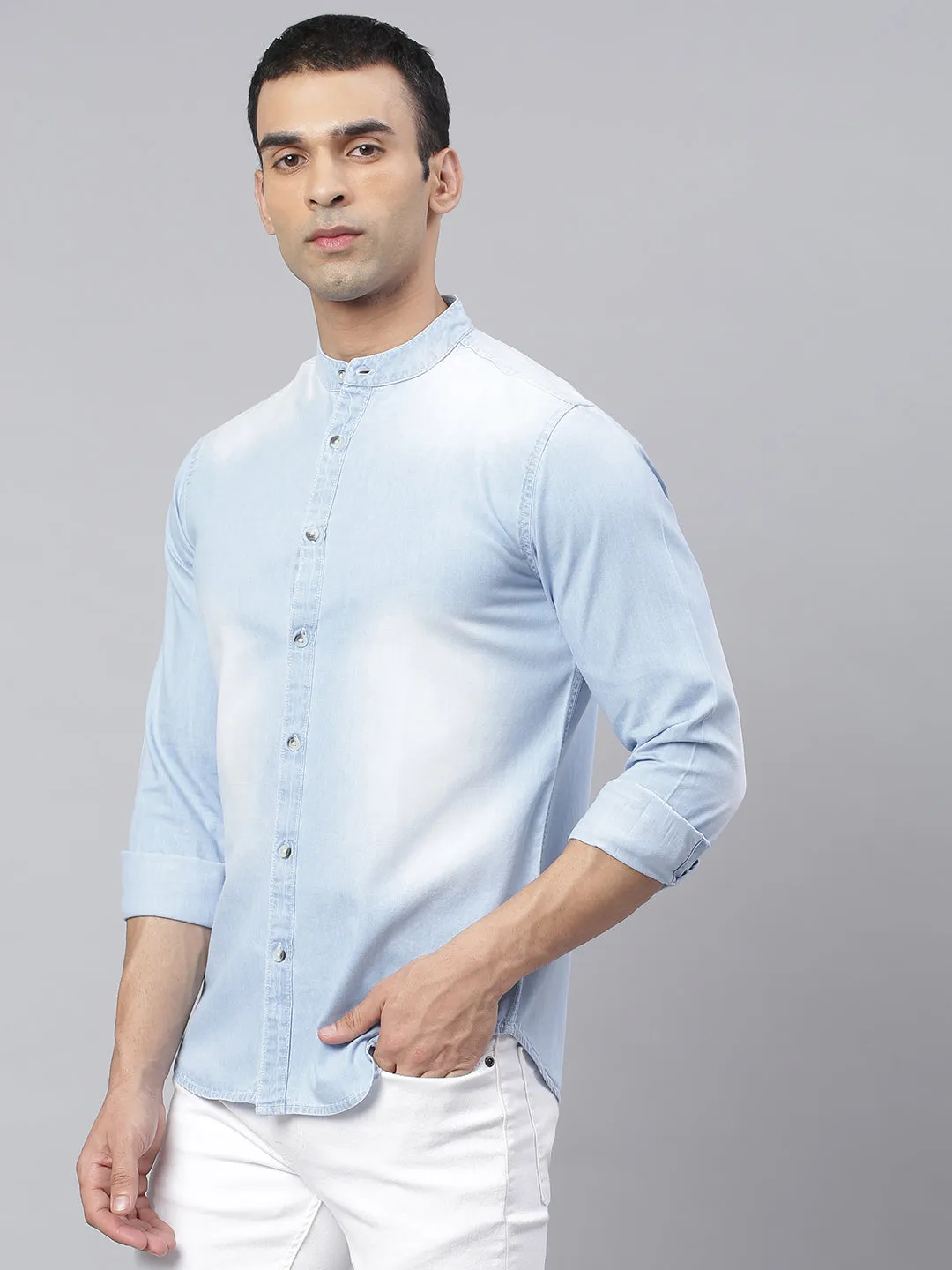 Men's Denim Light Blue Solid Casual Shirt