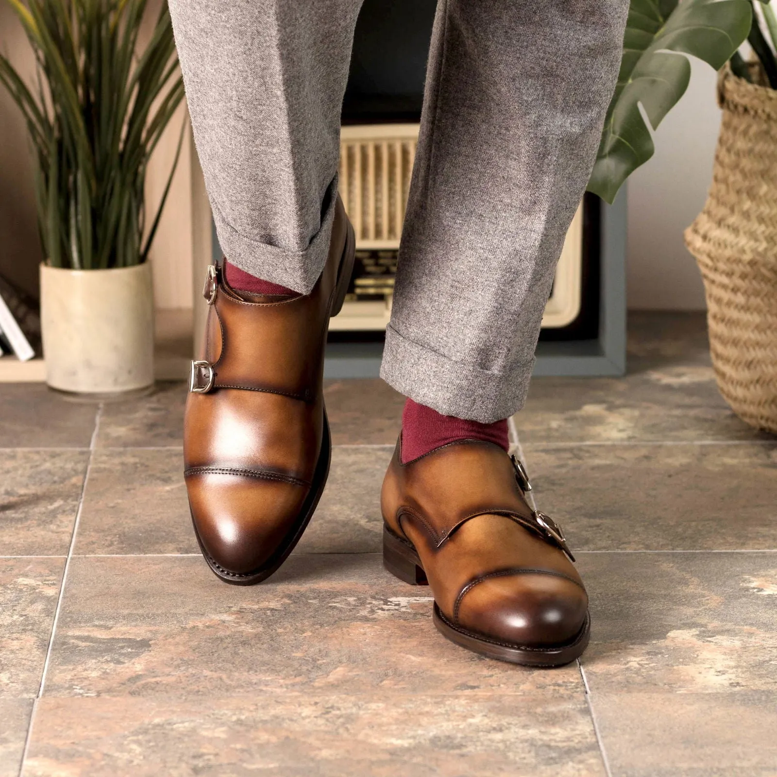 Men's Double Monk Leather Shoes Goodyear Welt Wide Plus Size 5374