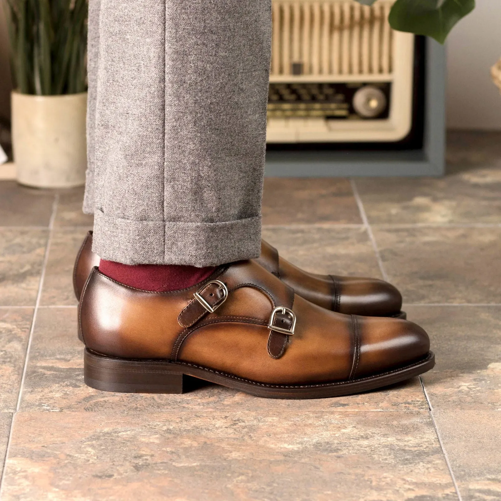Men's Double Monk Leather Shoes Goodyear Welt Wide Plus Size 5374