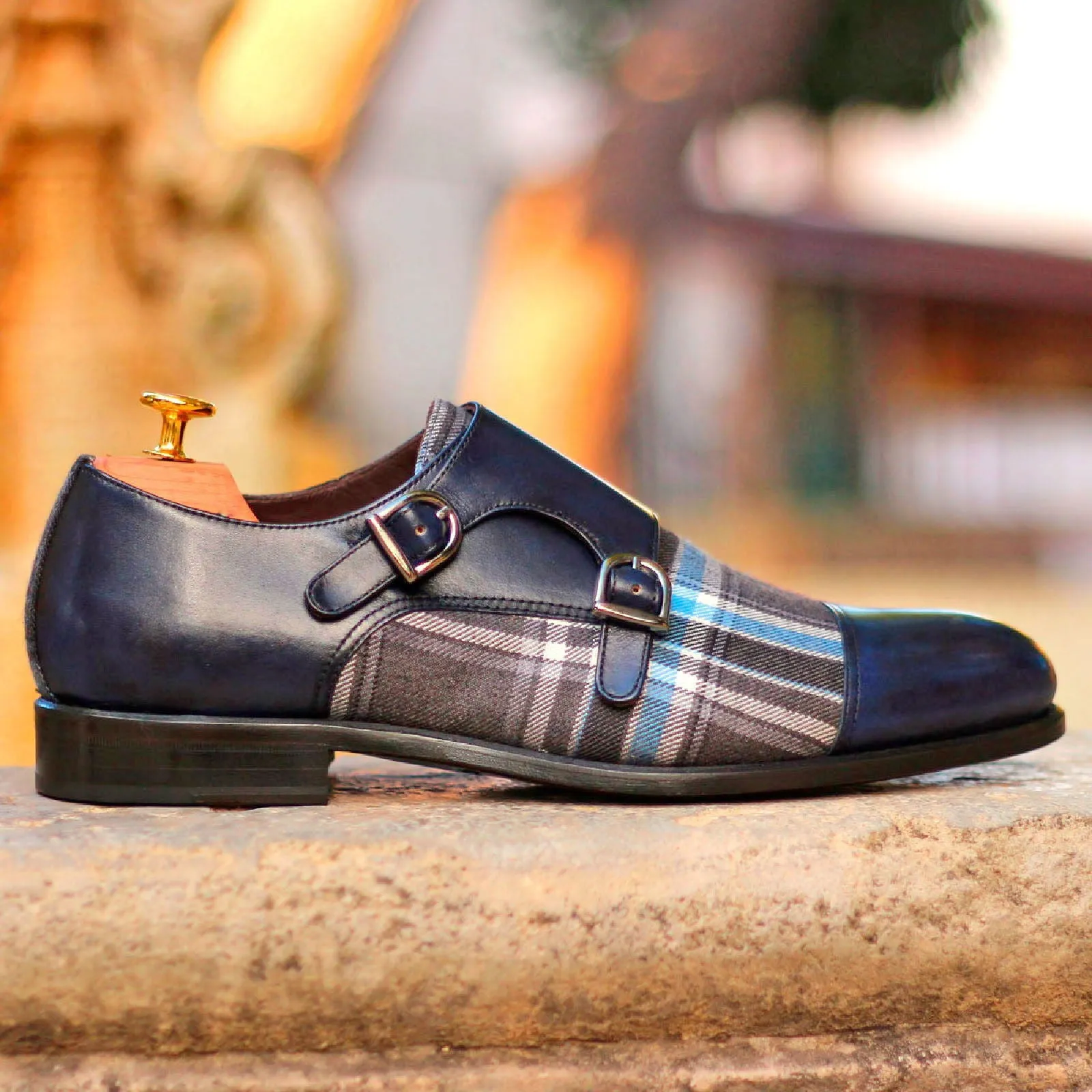 Men's Double Monk Leather Shoes Wide Plus Size Grey Blue 1487
