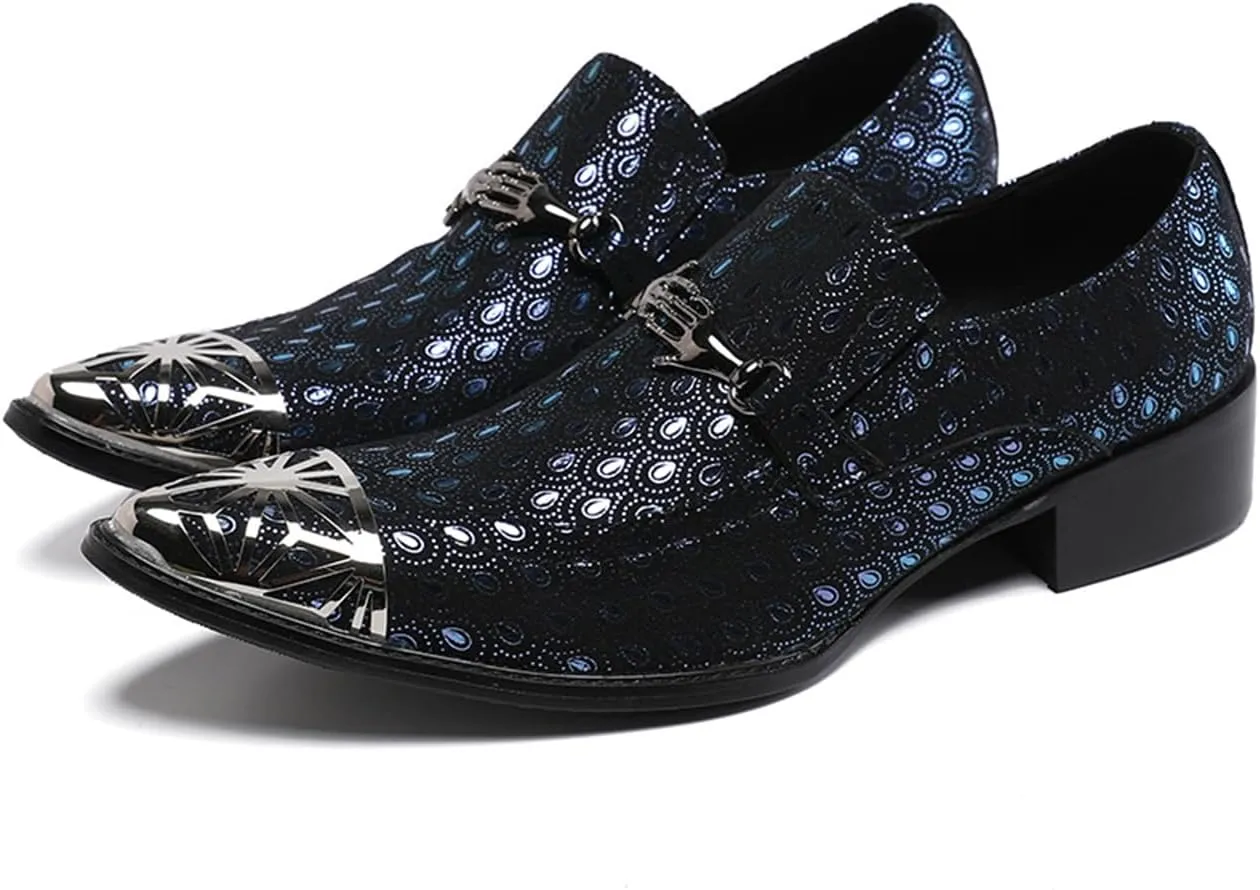 Mens Dress Shoes, Brogue Carving Cowhide Shoes Genuine Leather Large Size Low Top Metal Toe Slip-Ons Wedding Shoes Formal Casual Shoes