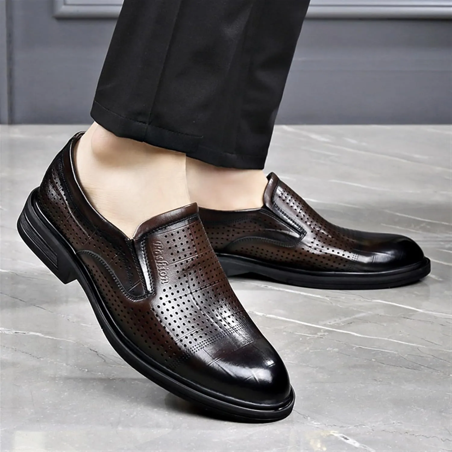 Men's Dress Shoes Non Slip Casual Business Work Formal Leather Shoes Pointed Toe Fashion Classic Derby Shoes(Brown,7.5)