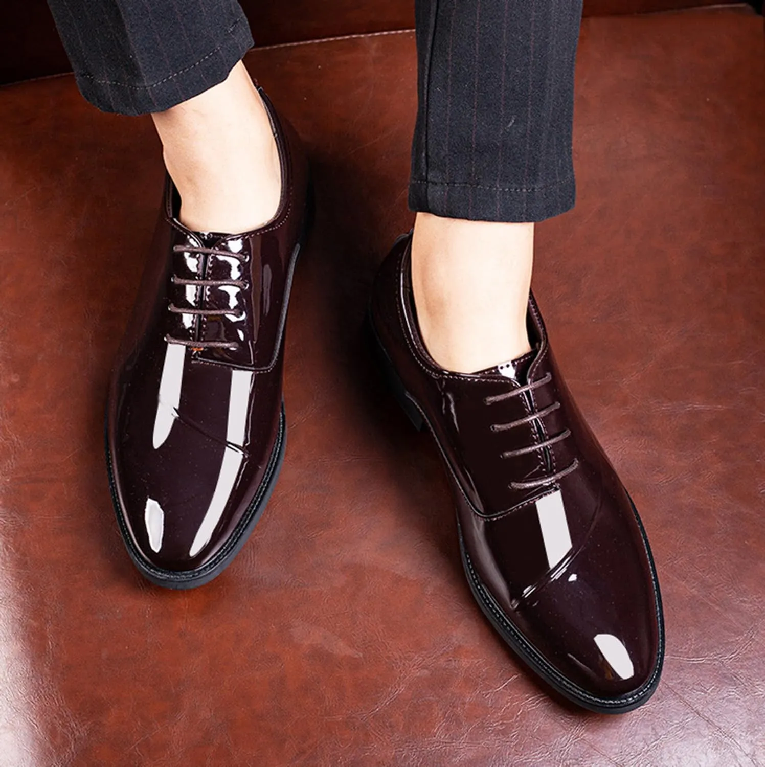 Men's Fashion Patent Leather Shoes Classic Lace-Up Formal Business Tuxedo Derbys Wedding Shoes for Men