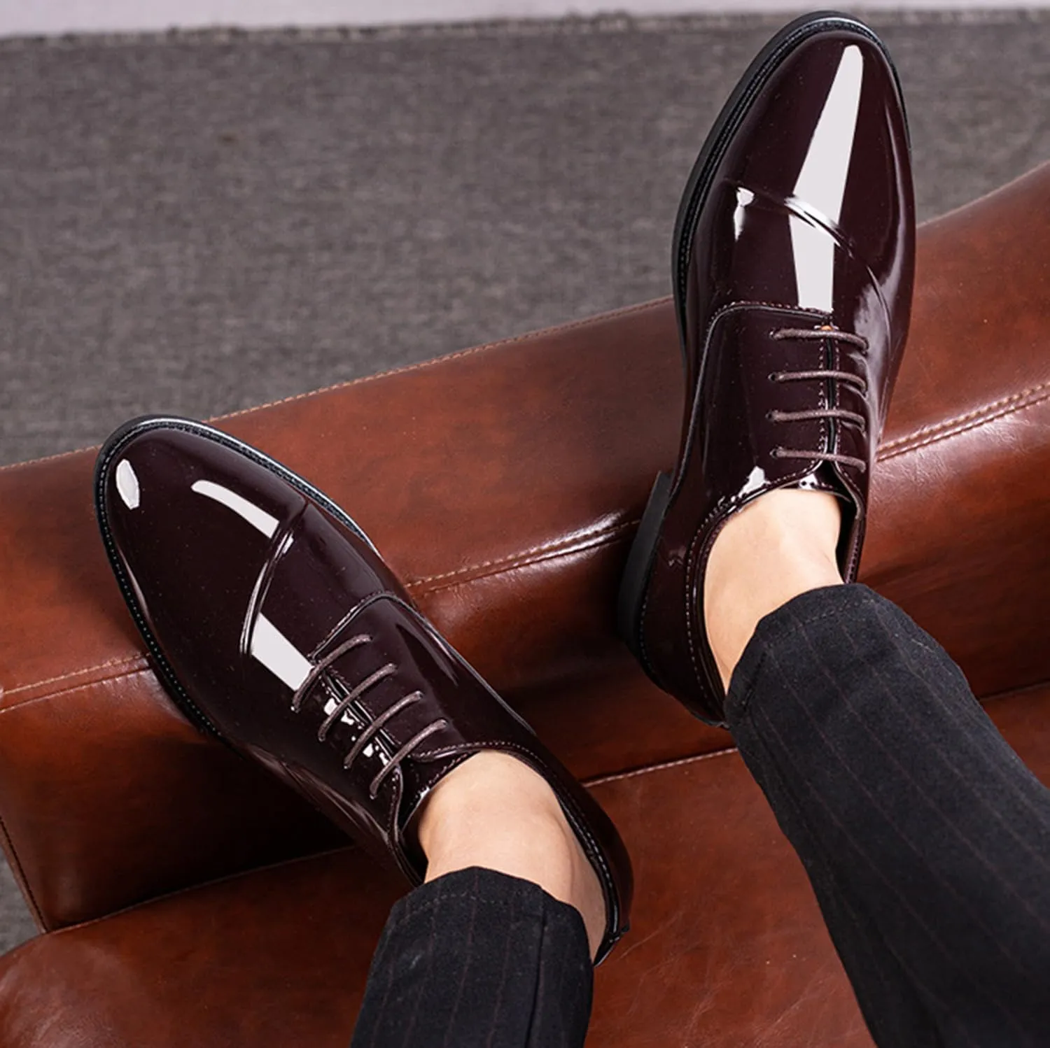 Men's Fashion Patent Leather Shoes Classic Lace-Up Formal Business Tuxedo Derbys Wedding Shoes for Men