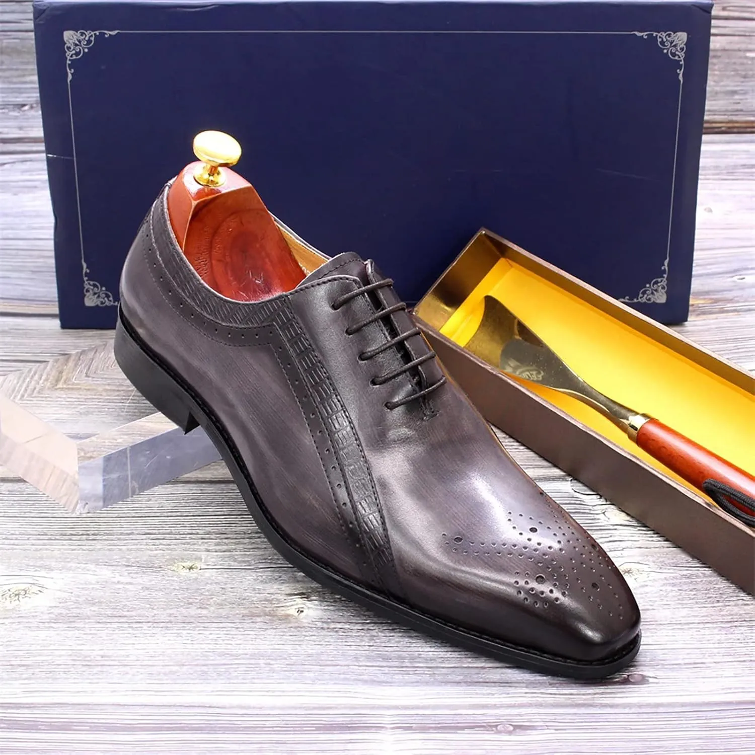 Mens Formal Dress Classic Oxfords Work Uniform Wingtip Leather Lace-ups Wedding Party Brogues Derbys,Grey-40