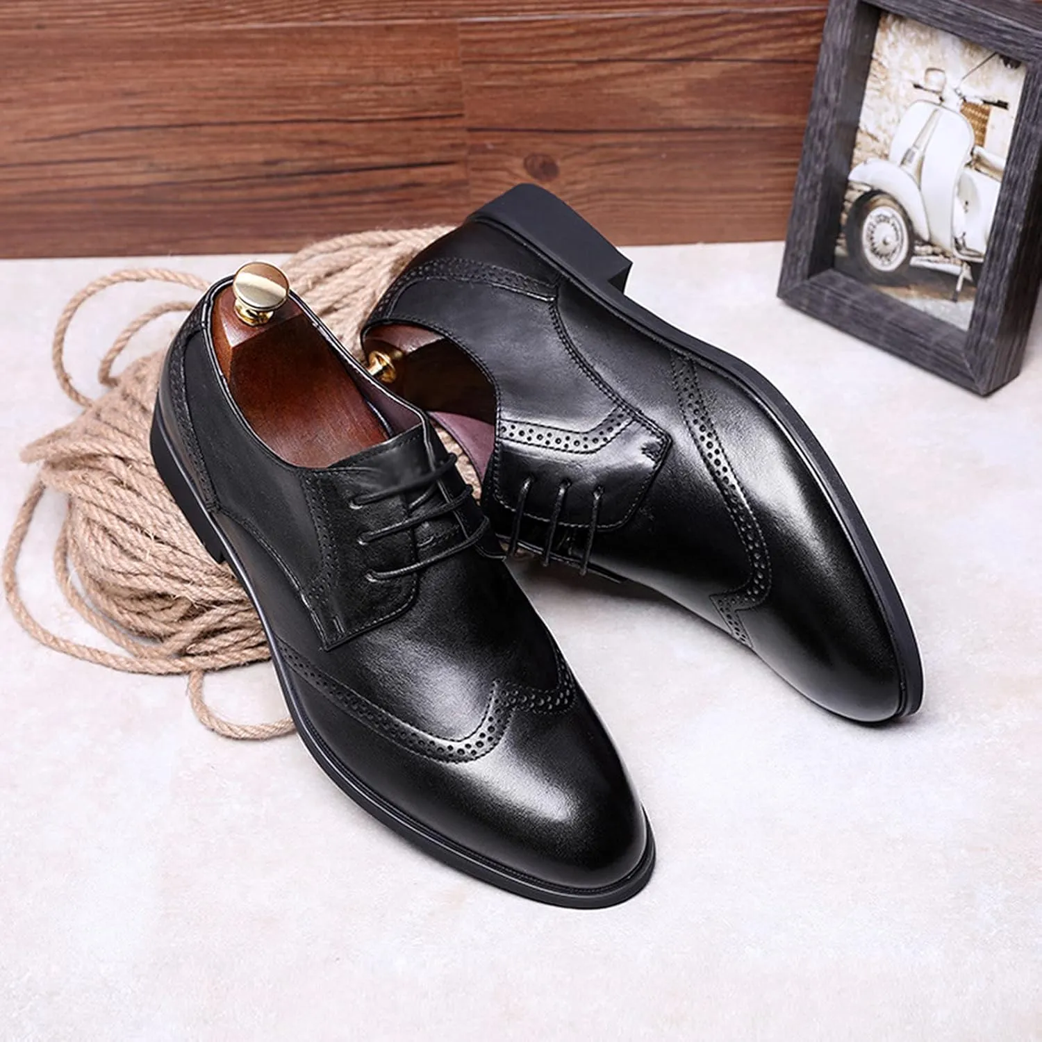 Men's Formal Shoes Leather Brogues Derbys Lace-Up Oxfords Smart Wedding Office Dress Oxford Shoes for Business Black- US7/UK6/EU39