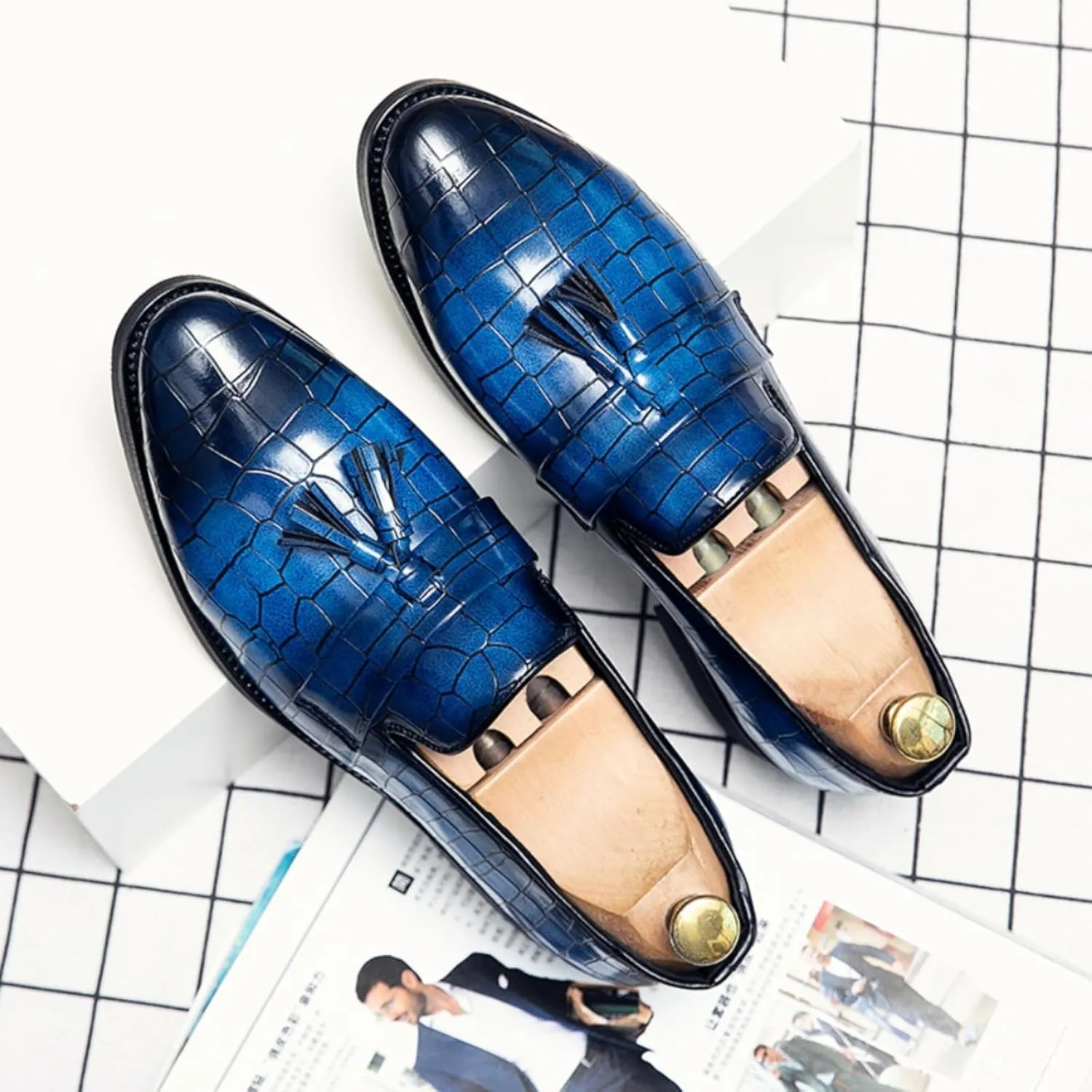 Mens Gradient Color Stone Grain Slip-On Dress Loafers with Tassels Classic Leather Luxury Penny Shoes for Weeding Official Party