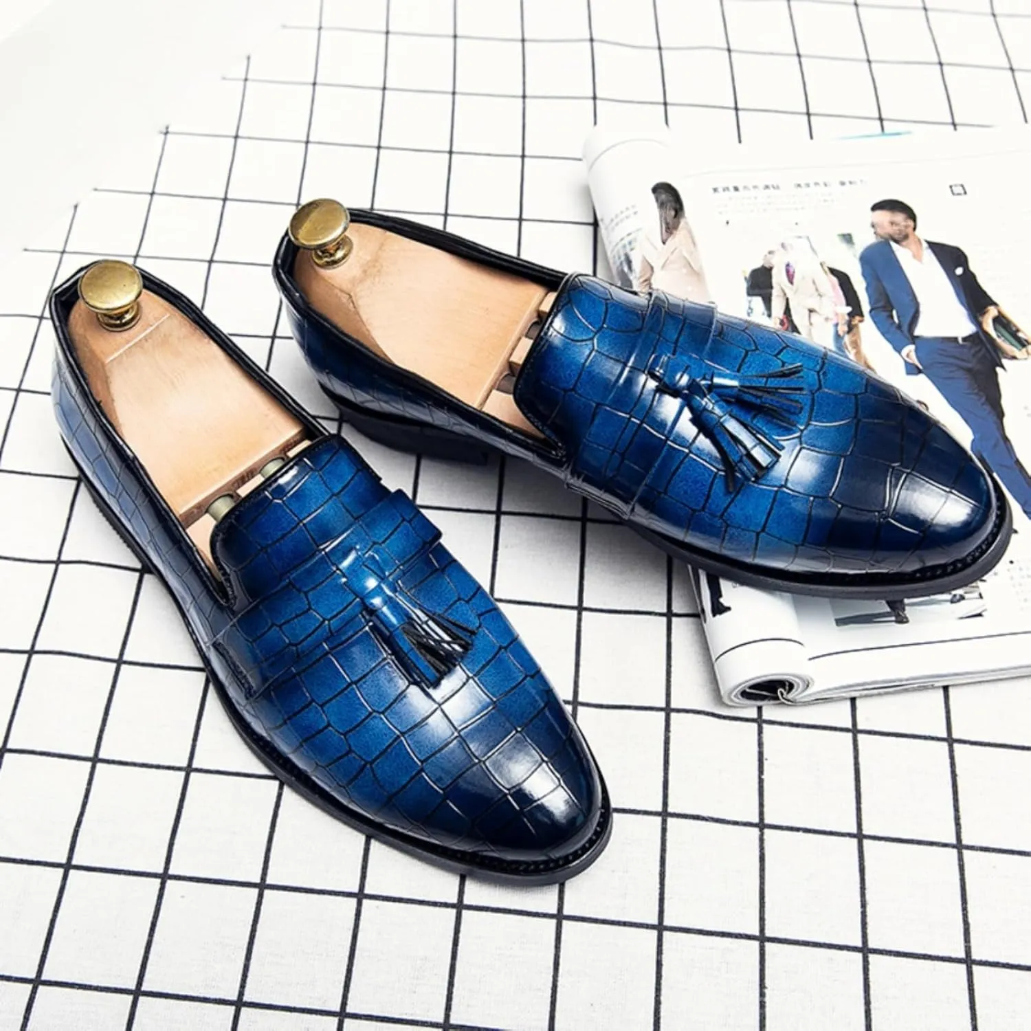 Mens Gradient Color Stone Grain Slip-On Dress Loafers with Tassels Classic Leather Luxury Penny Shoes for Weeding Official Party