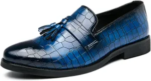 Mens Gradient Color Stone Grain Slip-On Dress Loafers with Tassels Classic Leather Luxury Penny Shoes for Weeding Official Party
