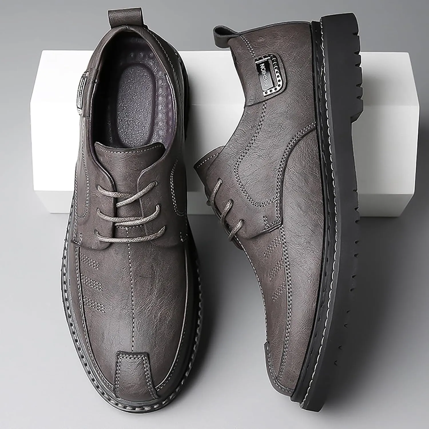Men's Hand Stitching Leather Lace Up Loafer,Vintage Breathable Soft-Faced Soft-Soled Leather Shoe Comfortable Slip on Flat Business Office Dress Driving Casual Outdoor Walking Shoes
