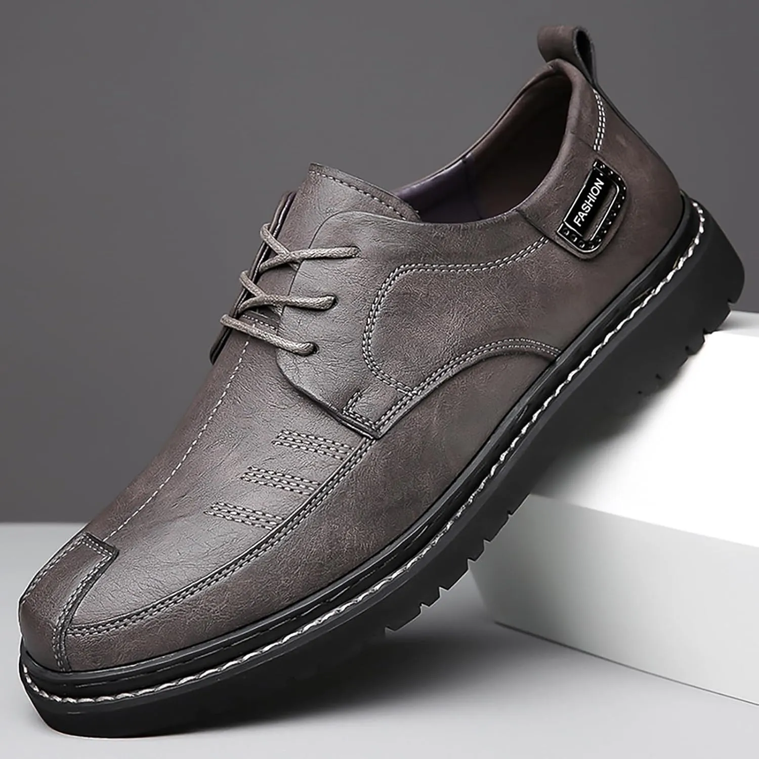Men's Hand Stitching Leather Lace Up Loafer,Vintage Breathable Soft-Faced Soft-Soled Leather Shoe Comfortable Slip on Flat Business Office Dress Driving Casual Outdoor Walking Shoes