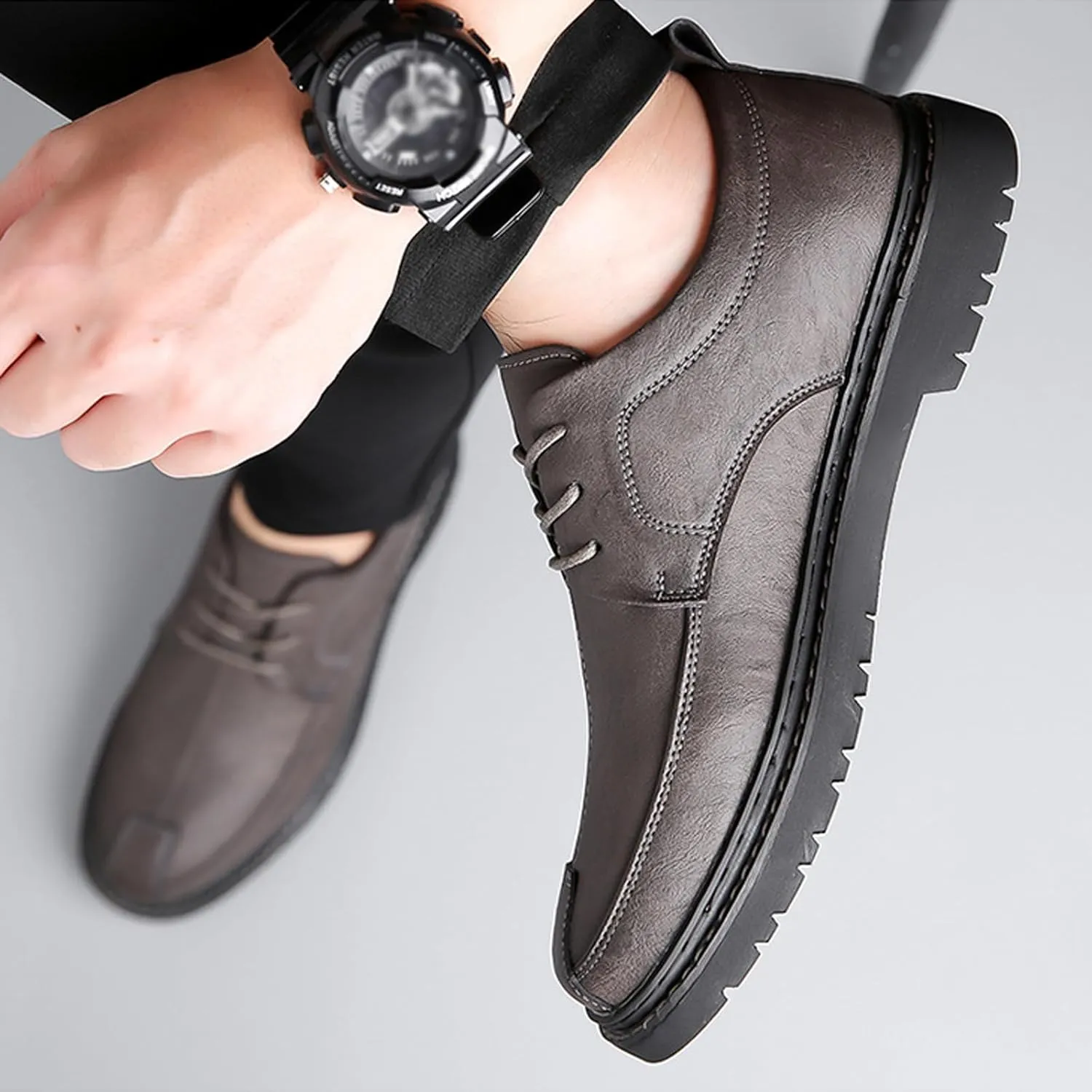 Men's Hand Stitching Leather Lace Up Loafer,Vintage Breathable Soft-Faced Soft-Soled Leather Shoe Comfortable Slip on Flat Business Office Dress Driving Casual Outdoor Walking Shoes