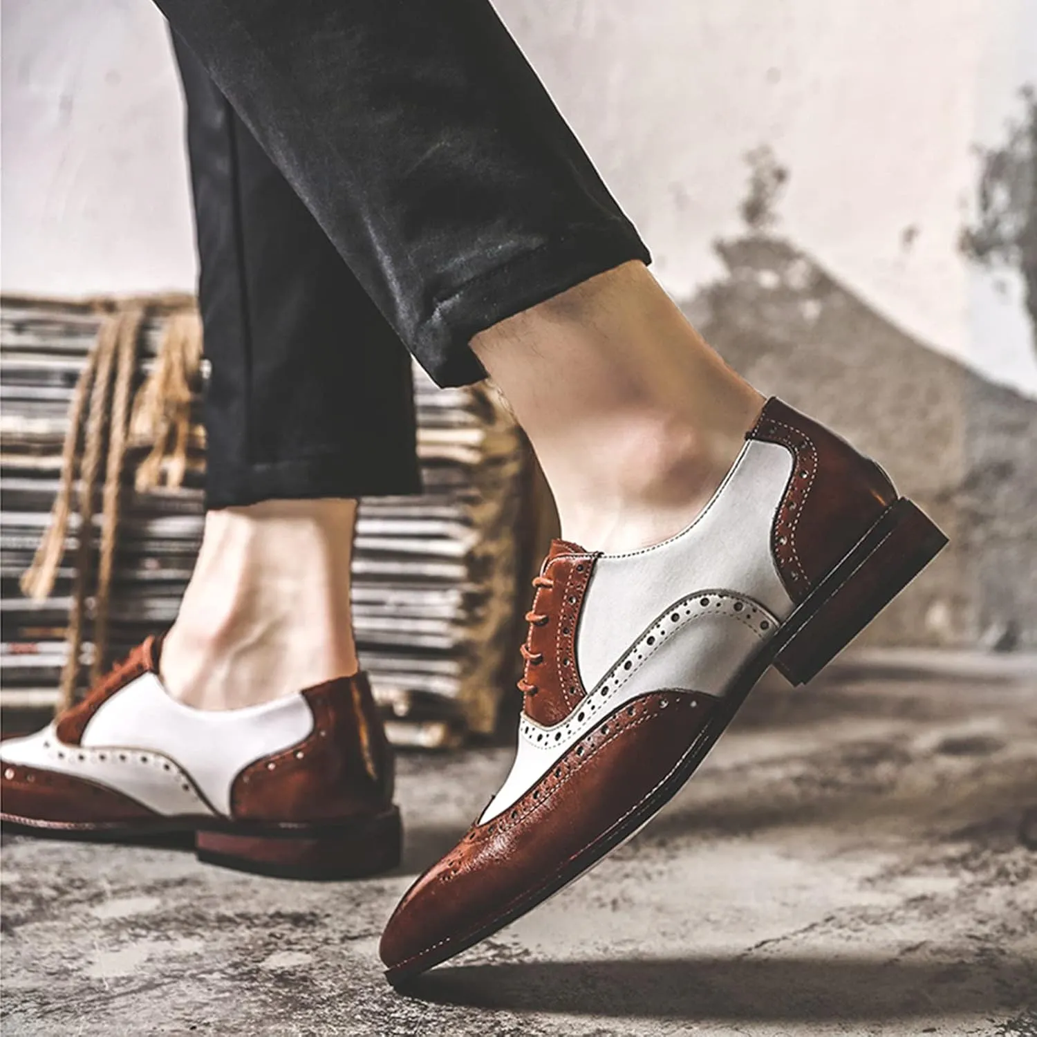 Men's Handsome Microfiber Leather Brogues Wedding Shoes Color Blocking Oxfords Formal Dress Shoes