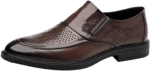 Men's Hollow Formal Leather Shoes, Breathable Slip-On Pointed Toe, Burnished Toe, Non-Slip Block Heel, Low Top Business Dress Shoes